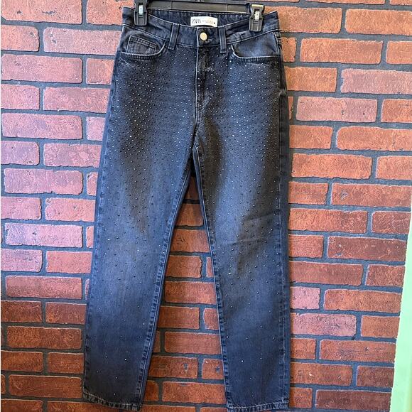 ZARA MID-WAIST ZW THE SLIM JEANS WITH RHINESTONES PANT BLACK 6045/040 Size 2 - Picture 1 of 8